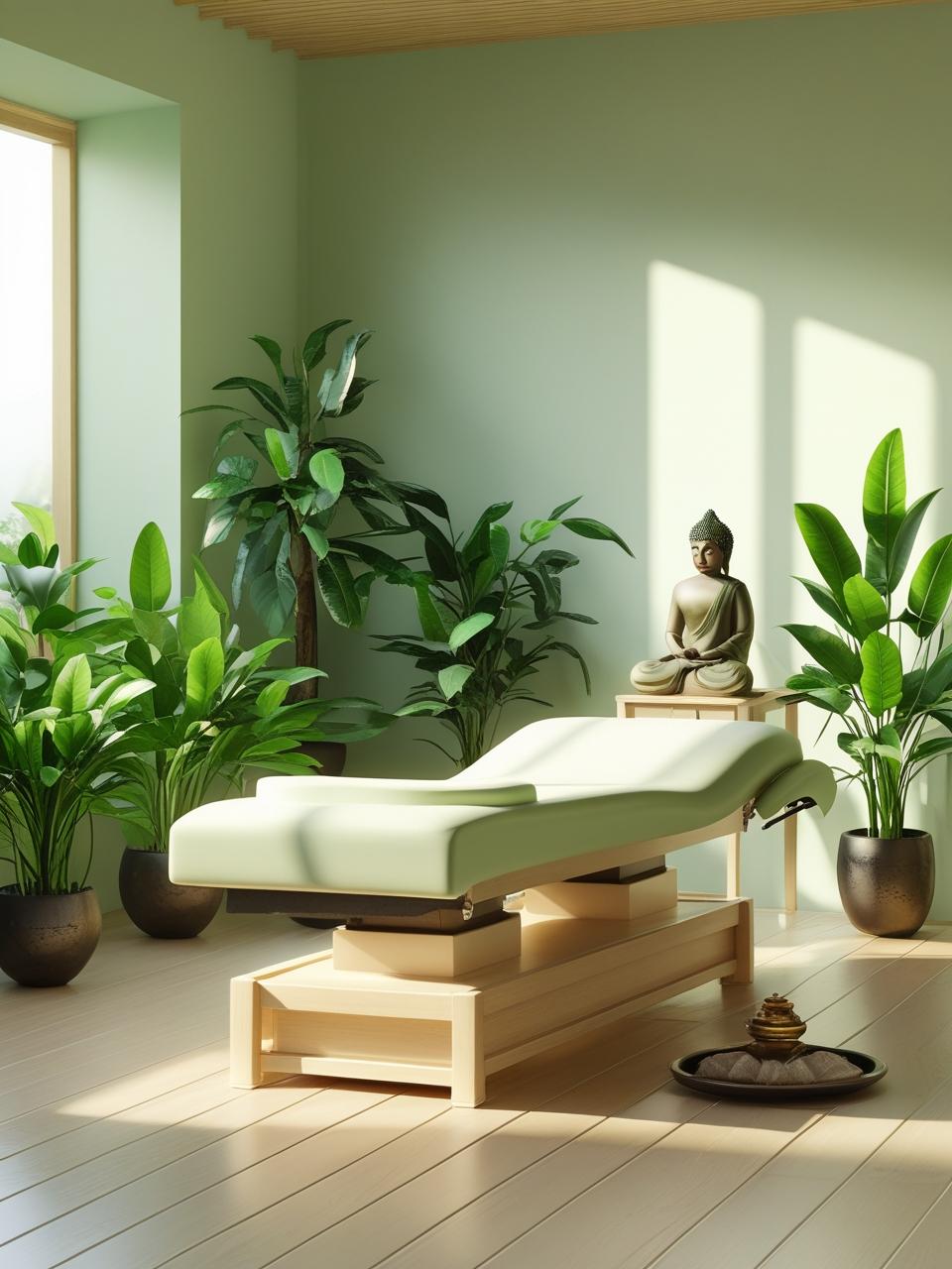 salle de soins énergétiques ambiance zen avec une table de soin et plantes vertes et un bouddha dans un coin de la pièce